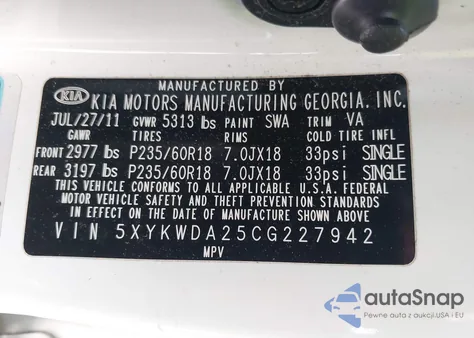 2012 Kia Sorento Sx V6 z USA, uszkodzony, nr VIN 5XYKWDA25CG227942